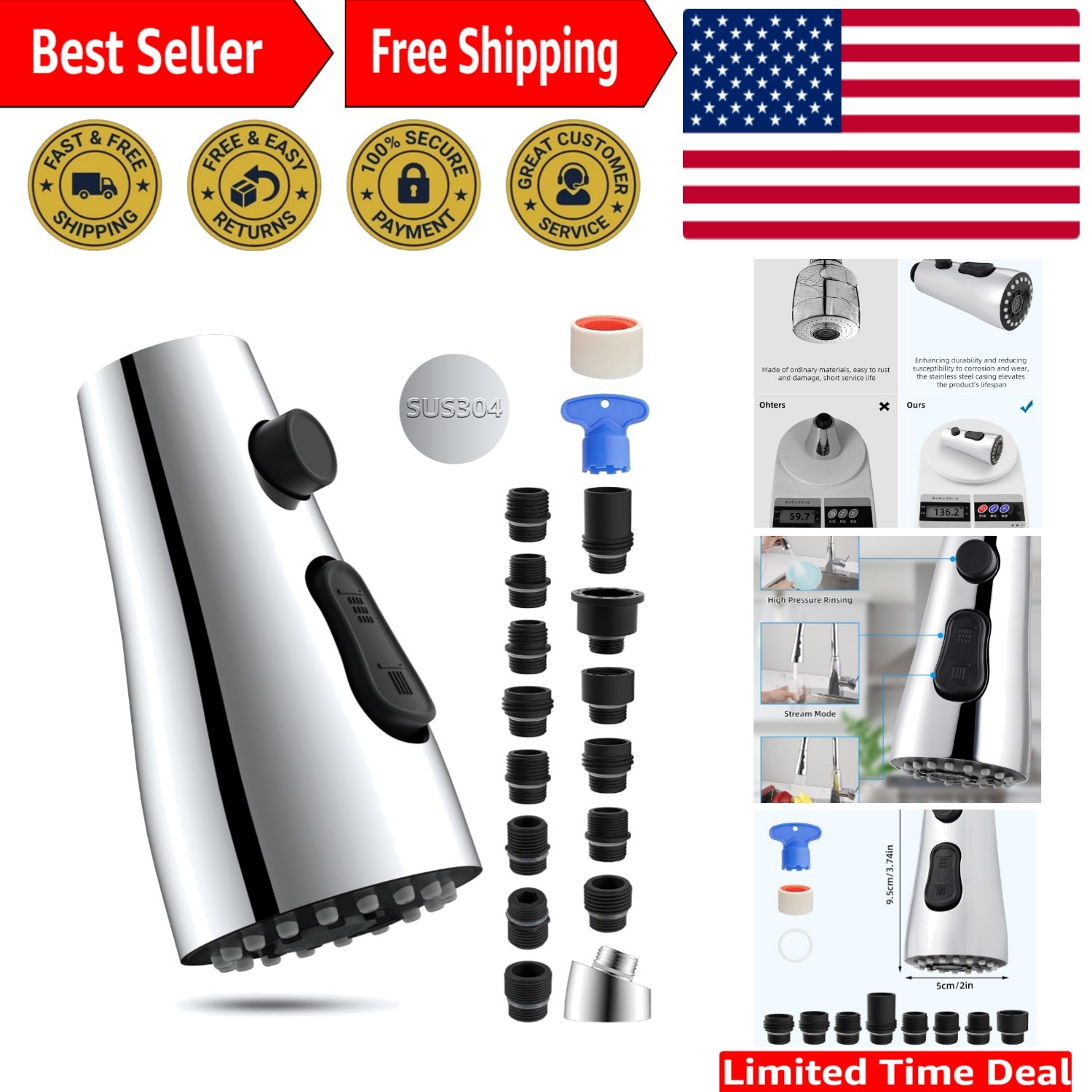 3-Function Kitchen Faucet Spray Head Replacement - Durable and Easy to Install