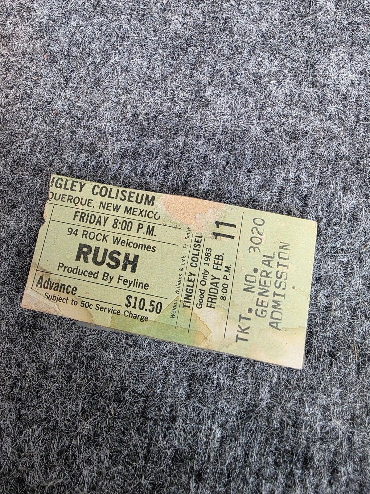 Rush 1983 Tingley Coliseum Concert Ticket Albuquerque General Admission