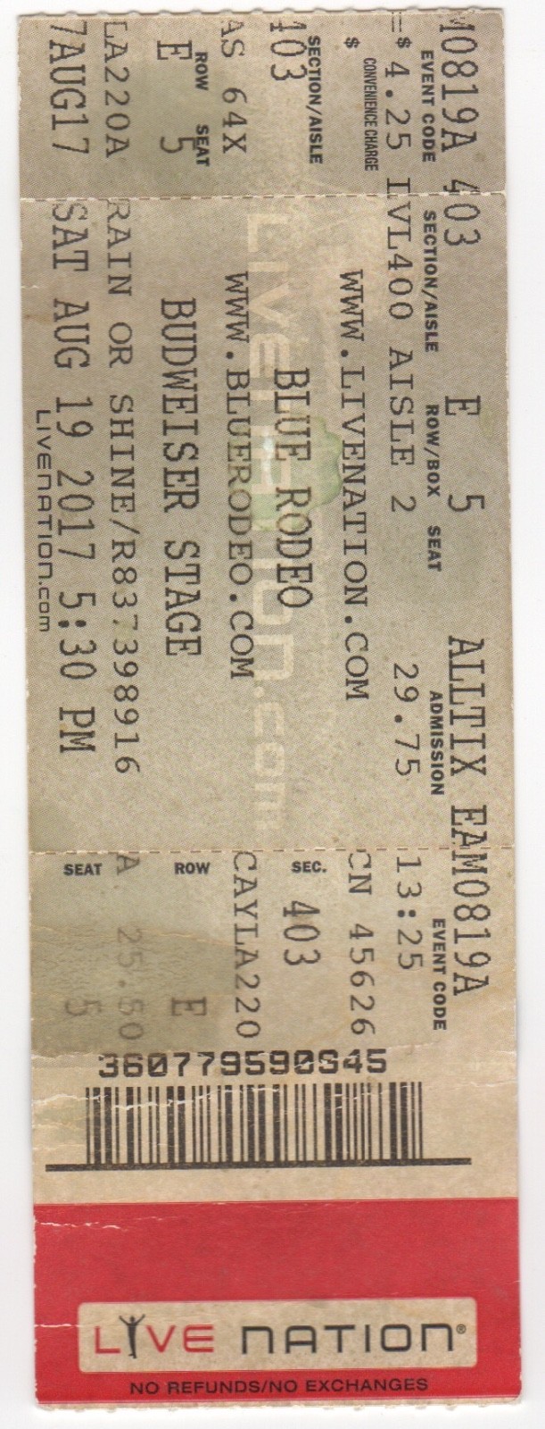 Blue Rodeo Concert Ticket Stub Budweiser Stage August 19 2017