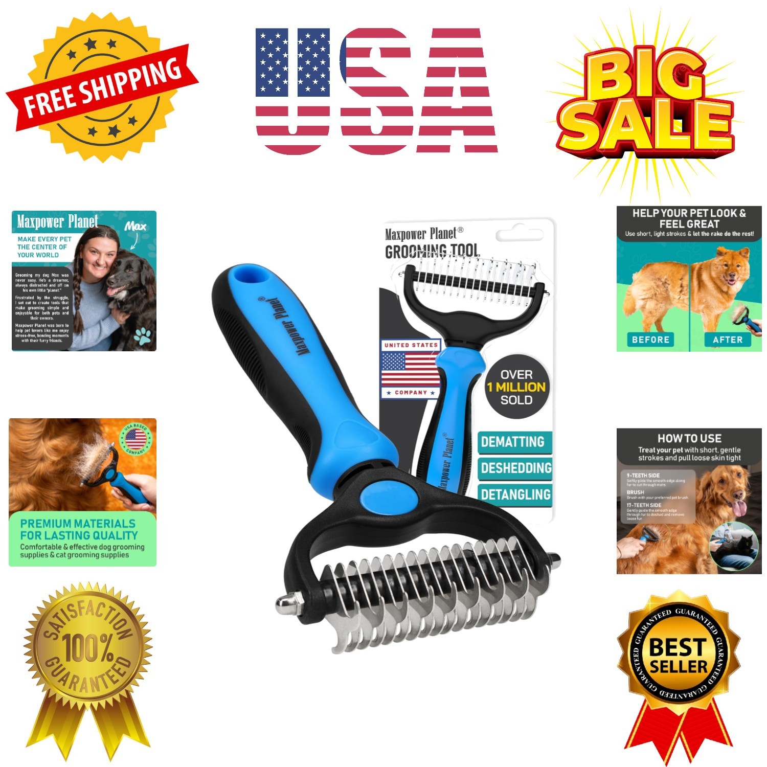 Pet Grooming Rake - Double-Sided Deshedding Dematting Tool, Undercoat Rake fo...