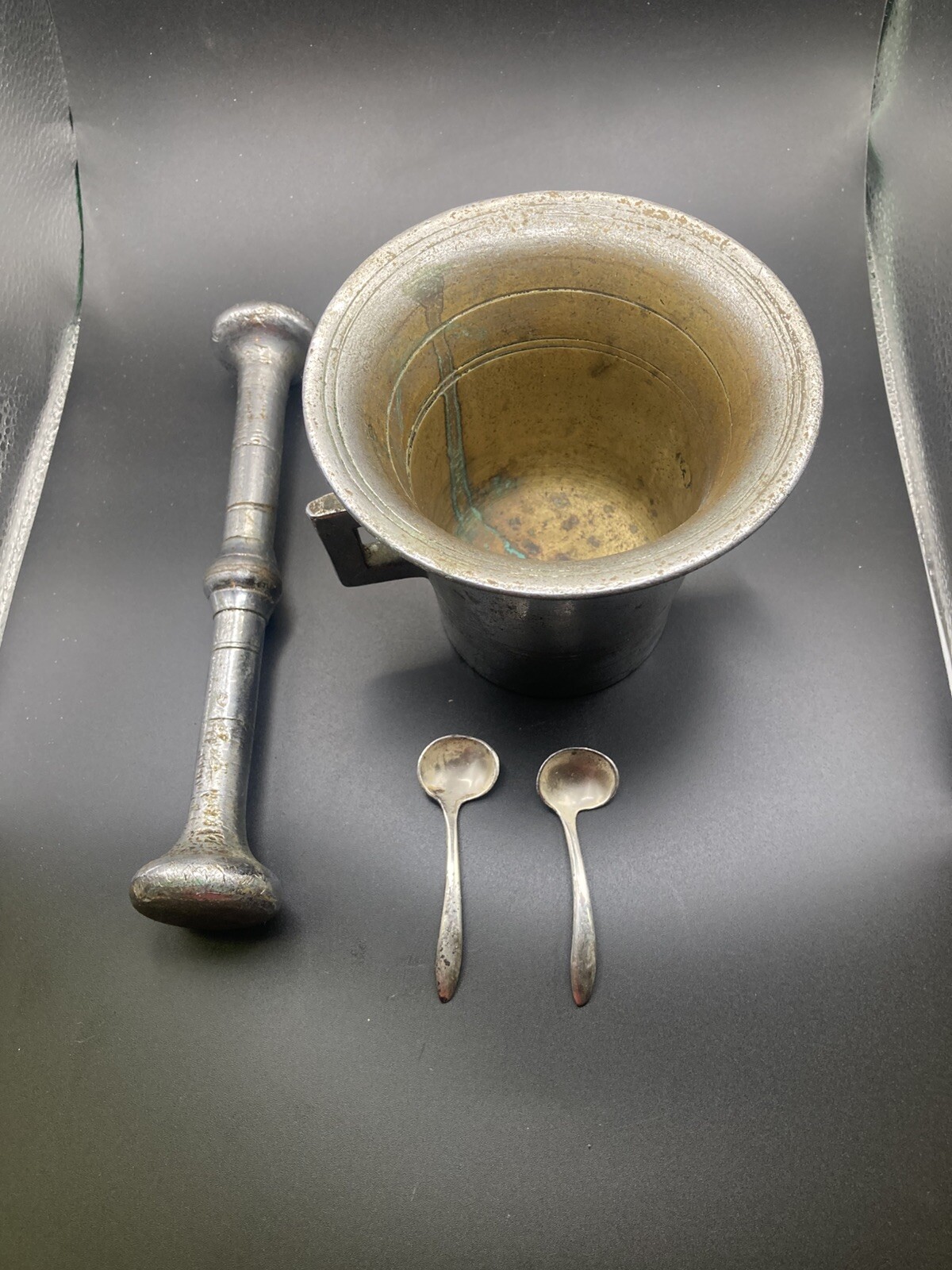 Antique S/P Brass Apothecary Mortar & Pestle Pharmacy W/ Measurement Spoons Rare