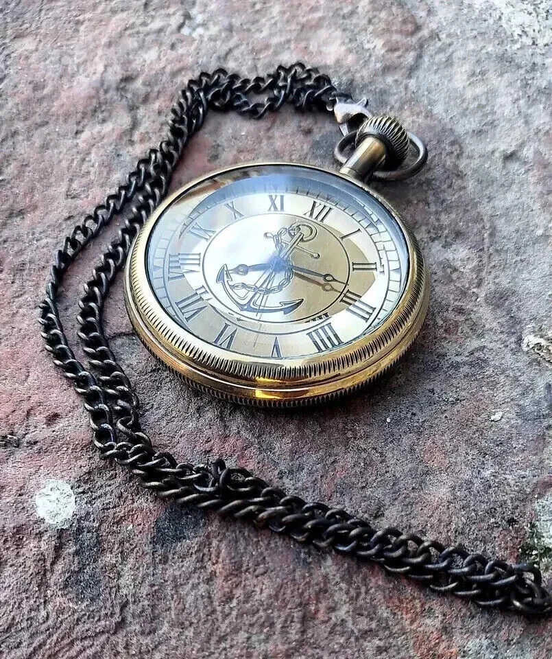 Antique Brass Pocket watch antique vintage with Leather Box Occasion Gift Marine