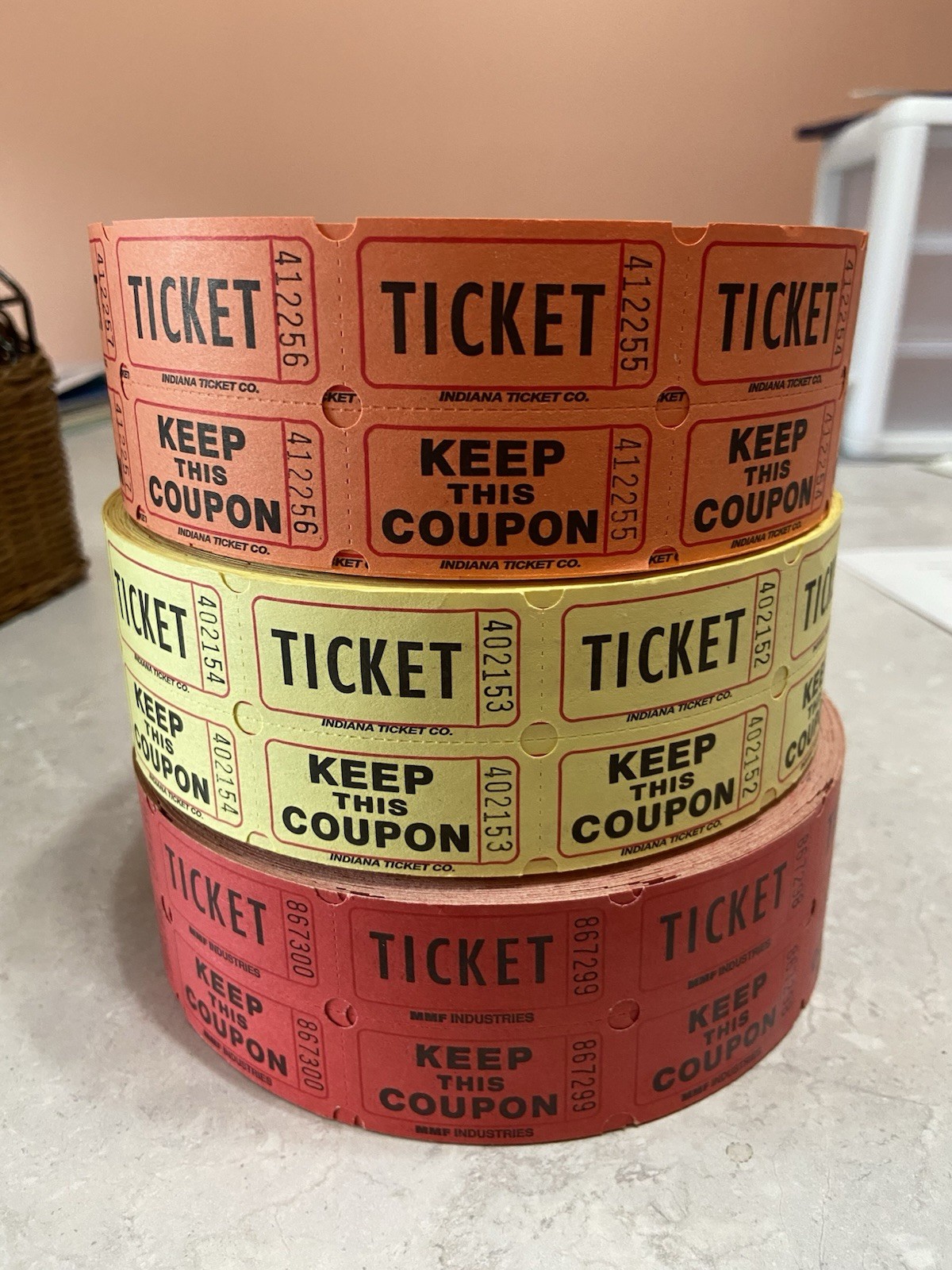 Double Raffle Ticket Rolls. Numbered. 3 Rolls. Used
