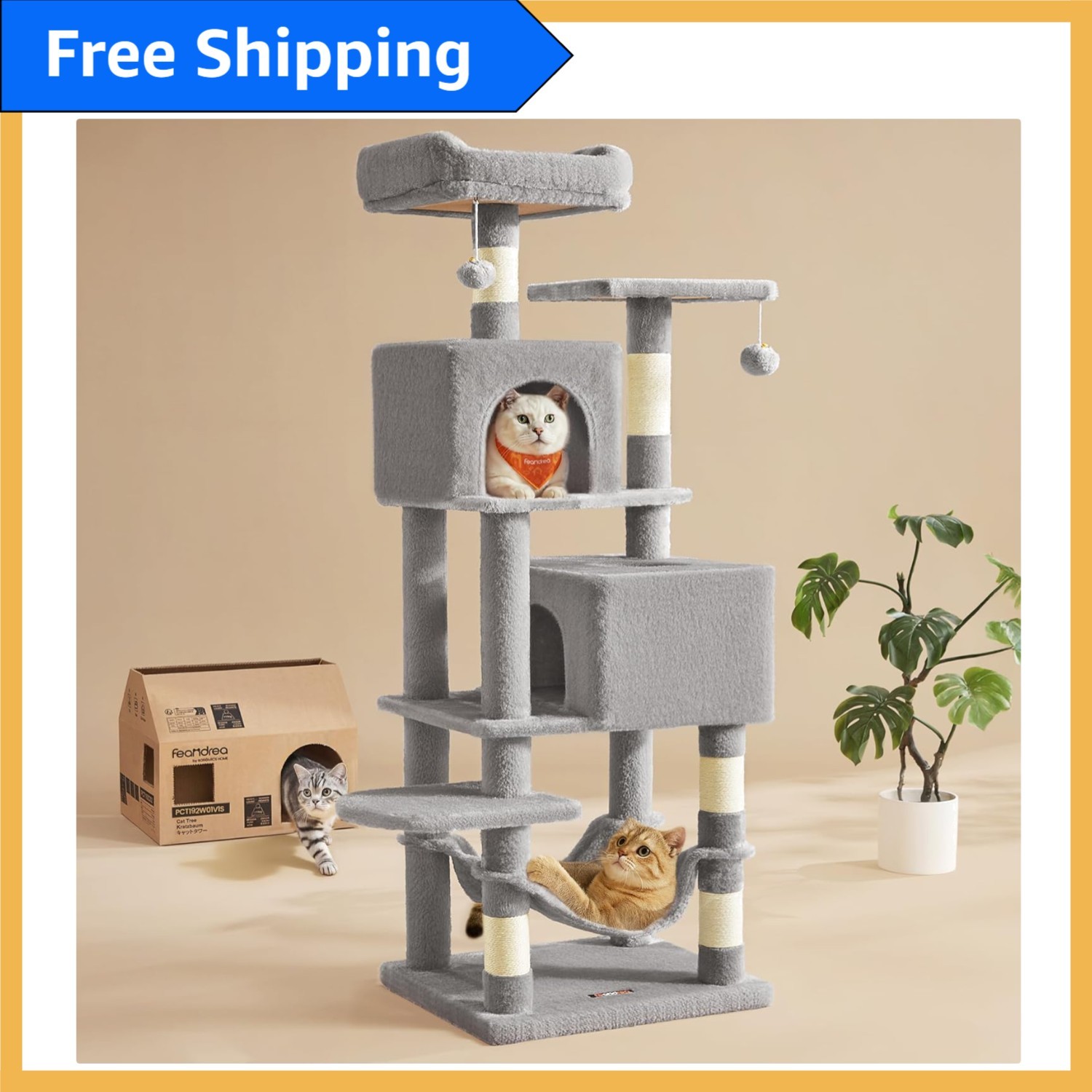 Multi-Level Light Gray Cat Tower with 5 Scratching Posts, 2 Perches, & Pompoms