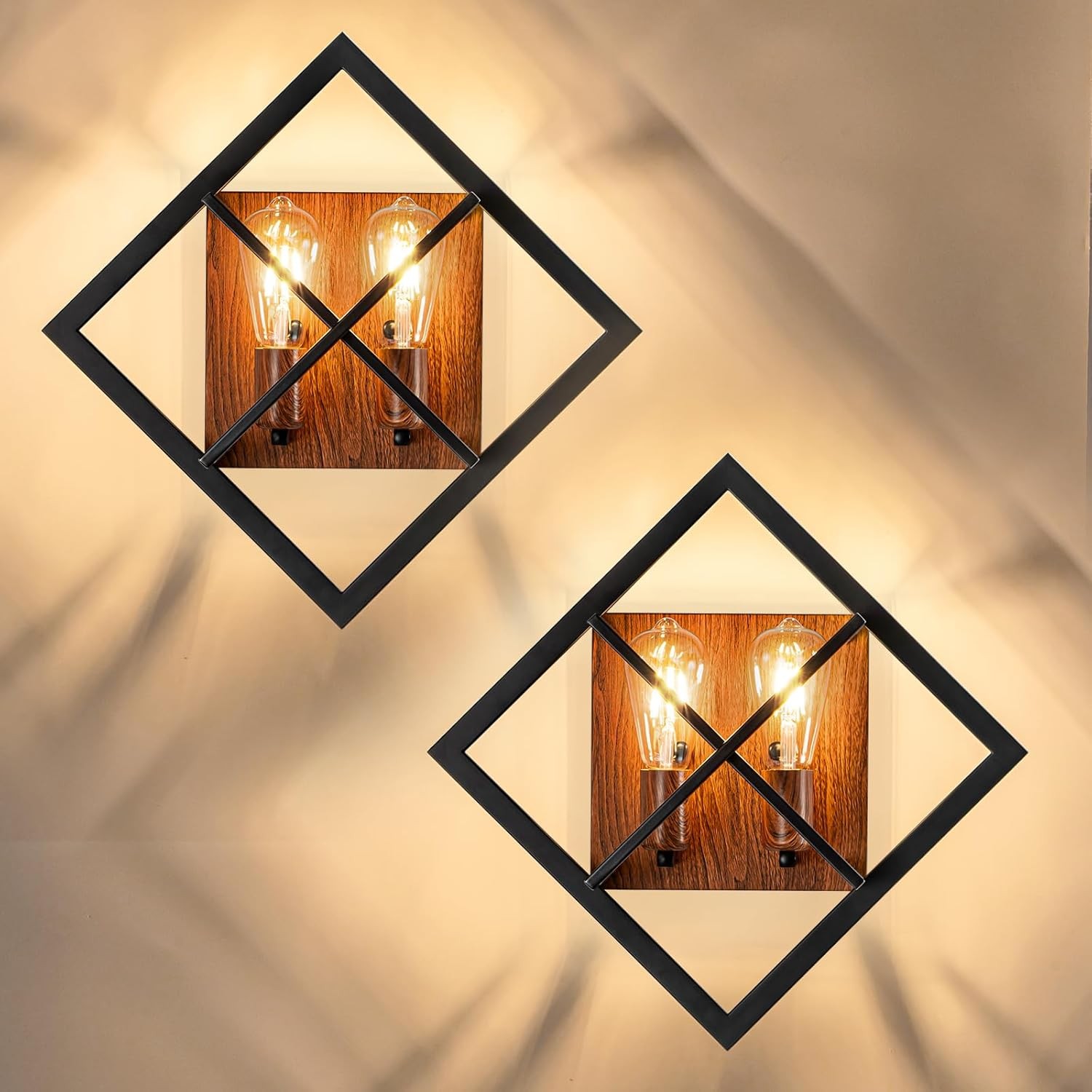 Farmhouse Wall Sconce with Black Finish & Wood Grain, Set 2 Rustic Wall Sconces 