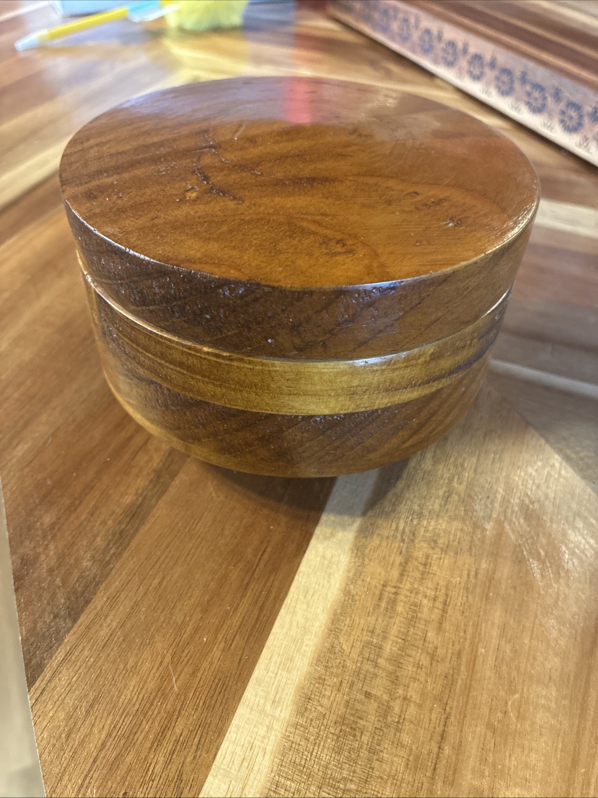 Vintage Wooden Lidded Trinket Box  3 Inches Tall 5 Inches Diameter