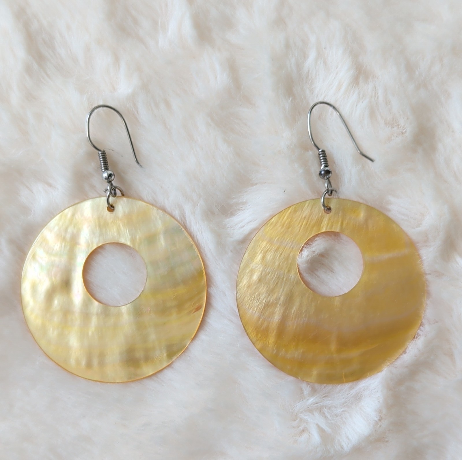 Spanish Handcrafted Mother of Pearl Shell Round Yellow Dangle Earrings 2 Inch