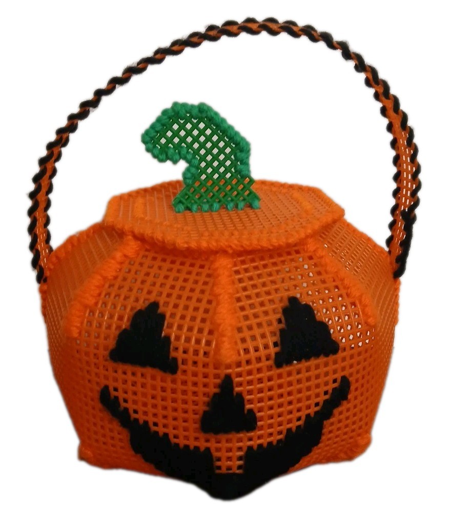 Vintage Jack-O-Lantern Pumpkin Candy Basket Plastic Canvas Halloween Decor Dish 