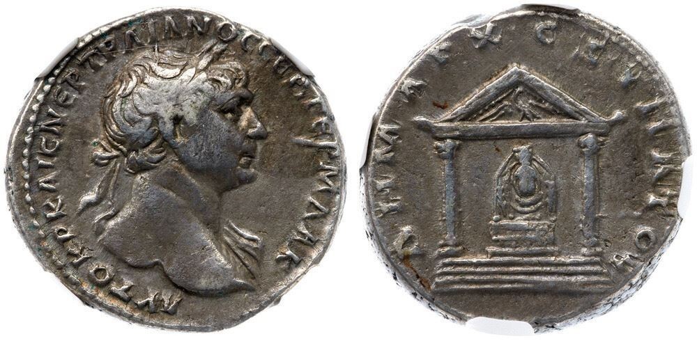 Arabia Petraea, Bostra Trajan SCARCE “TEMPLE” NGC Ch VF 5/5 4/5 AR Tridrachm 127