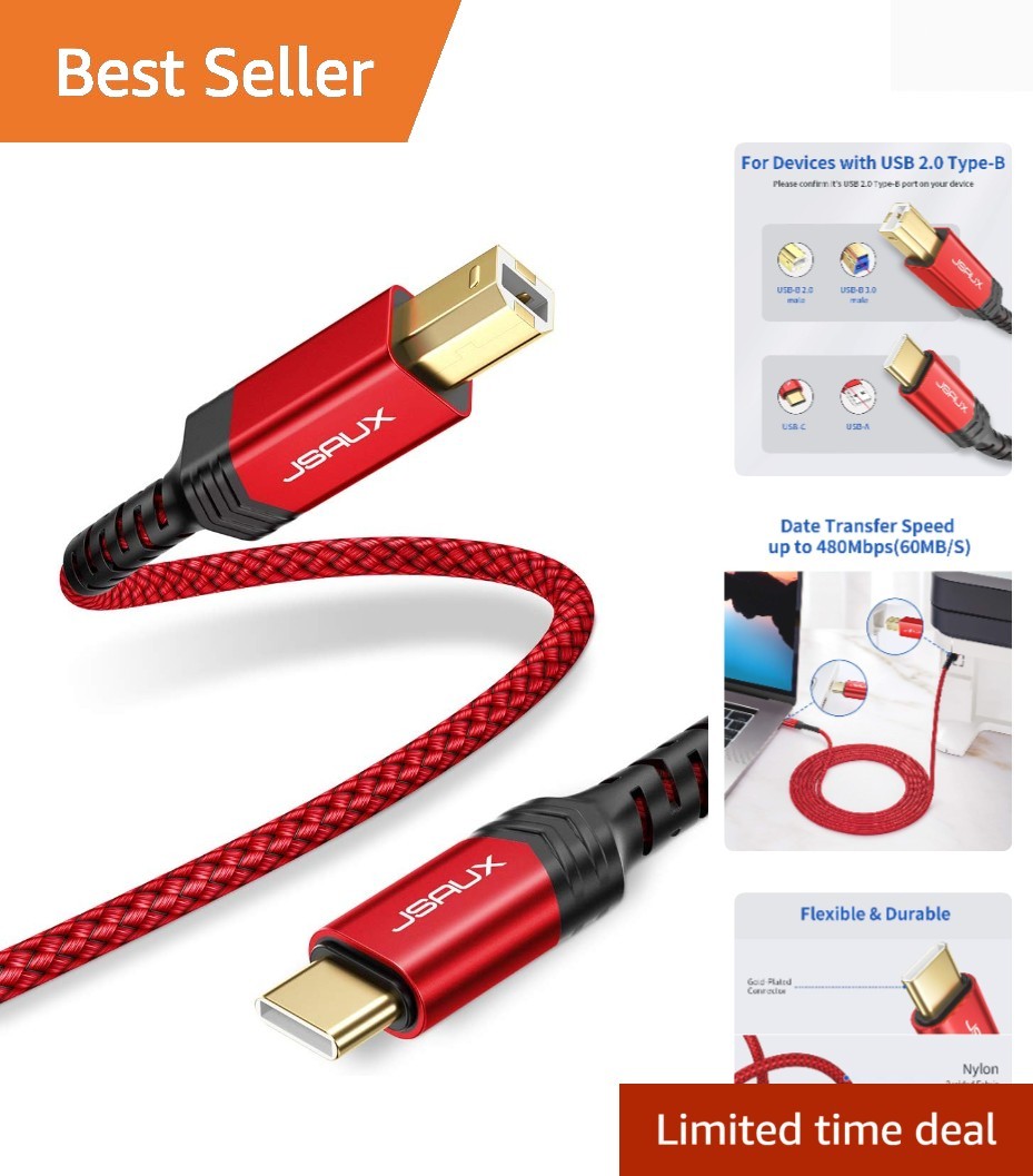 Versatile USB B to USB C Cable 10ft - Connect Printers and Devices Effortlessly