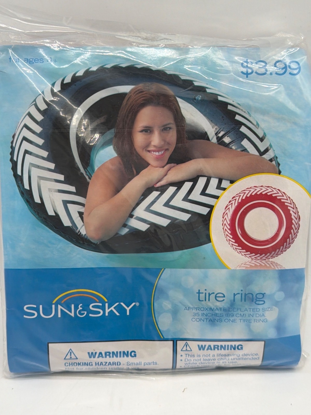 Sun & Sky Inflatable Tire Ring 35 Inches Red & White Outdoor Swim Float Ages 3+