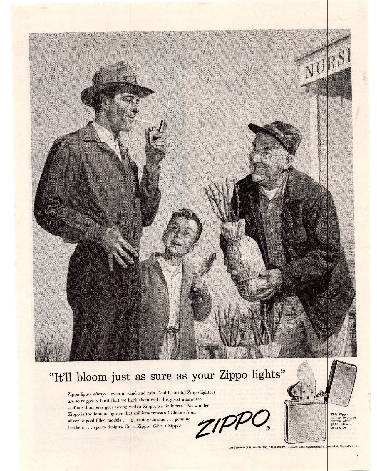 1956 Zippo It'll Bloom Just as Sure as You Zippo Light Single Page Print Ad