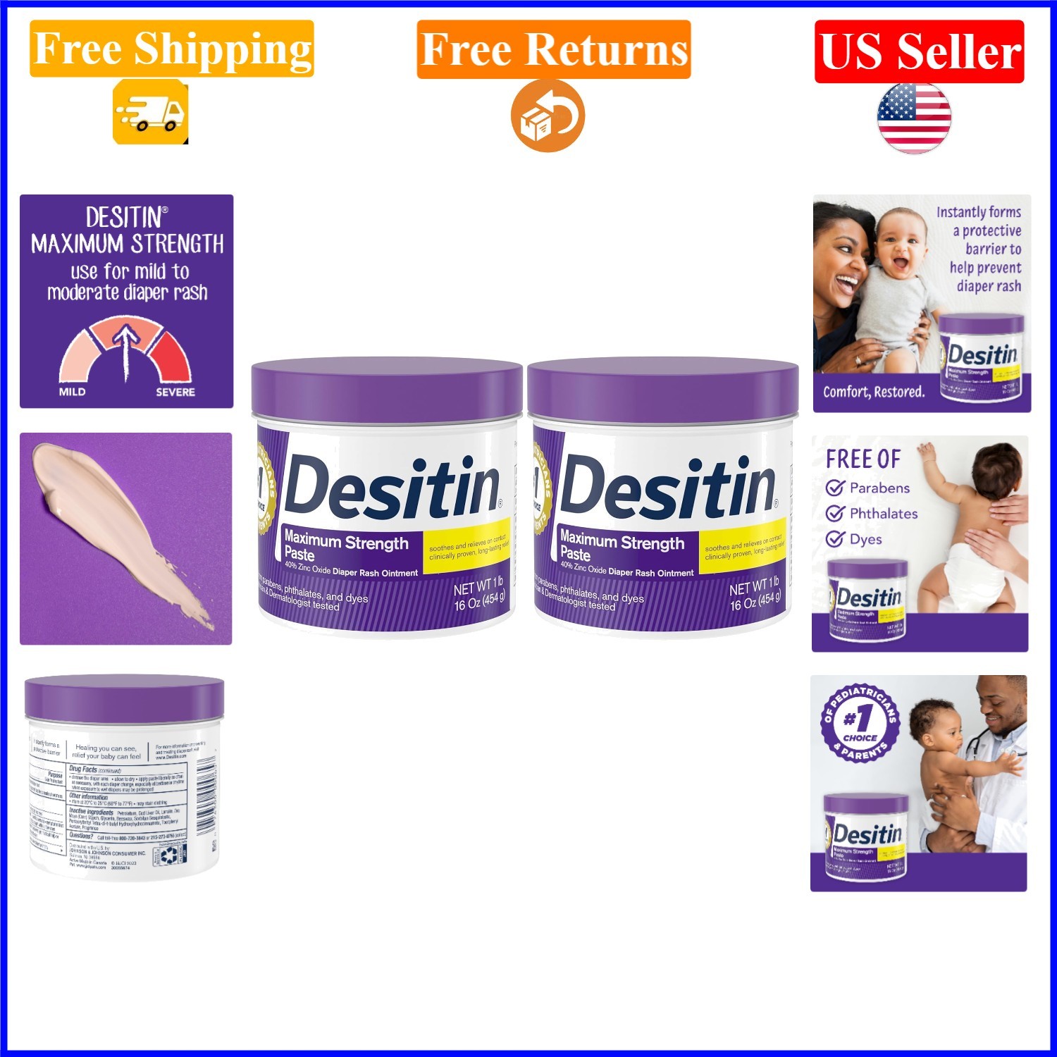 Maximum Strength Diaper Rash Cream, 40% Zinc Oxide, 16 oz Pack of 2 for Babies