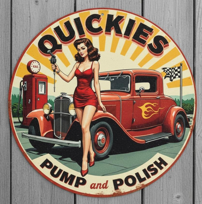 Quickies Pump And Polish 12" Diameter Vintage Novelty Metal Sign Made In USA