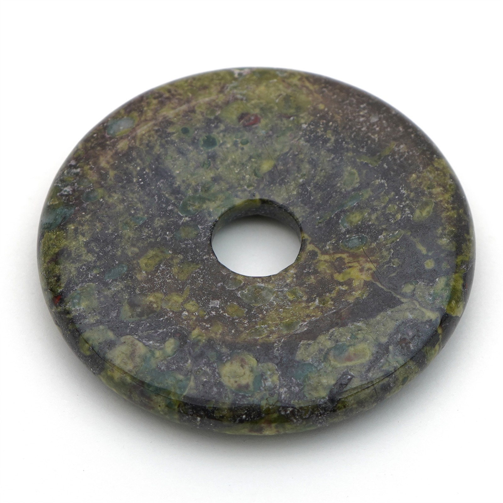 Dragonsblood jasper donut pendant flat round green red semiprecious stone 40mm