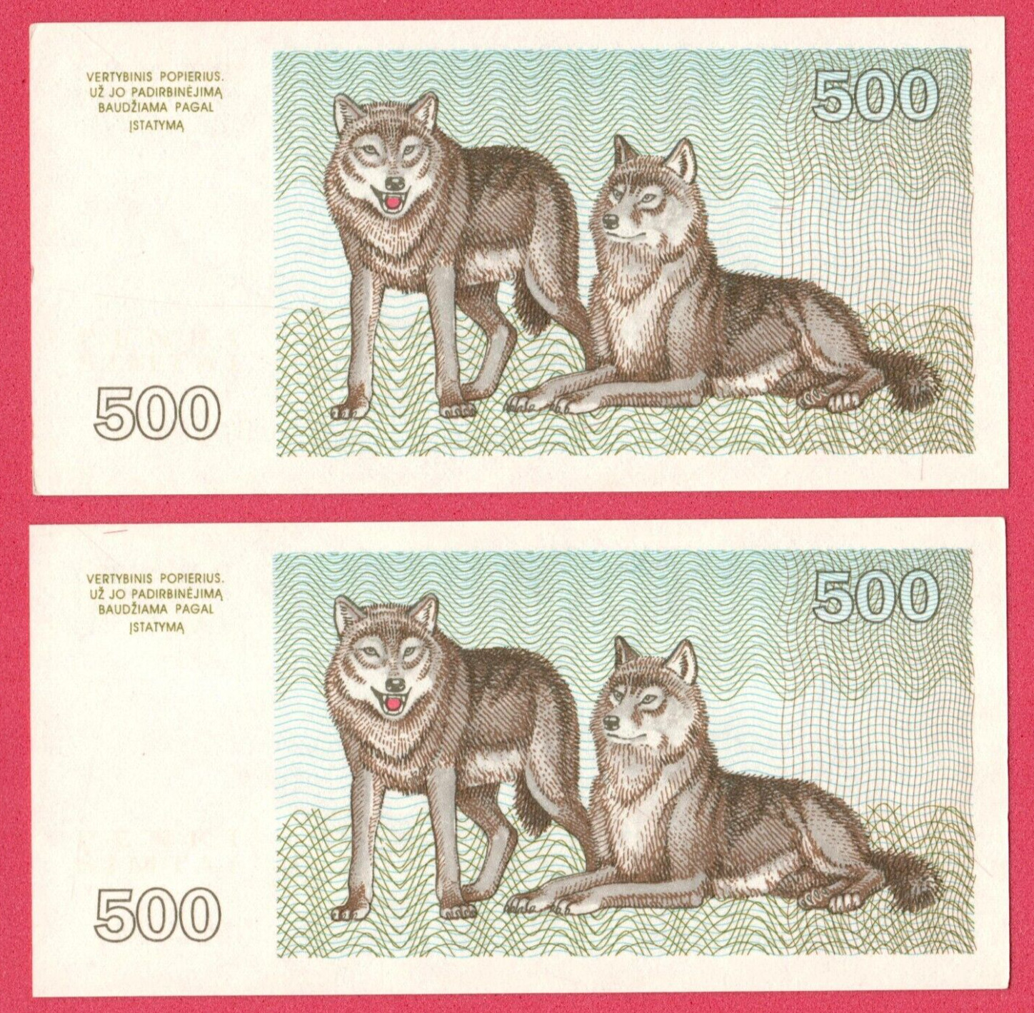 LITHUANIA consecutive numbers PAIR 500 TALONU 1993 UNC WOLVES 5738