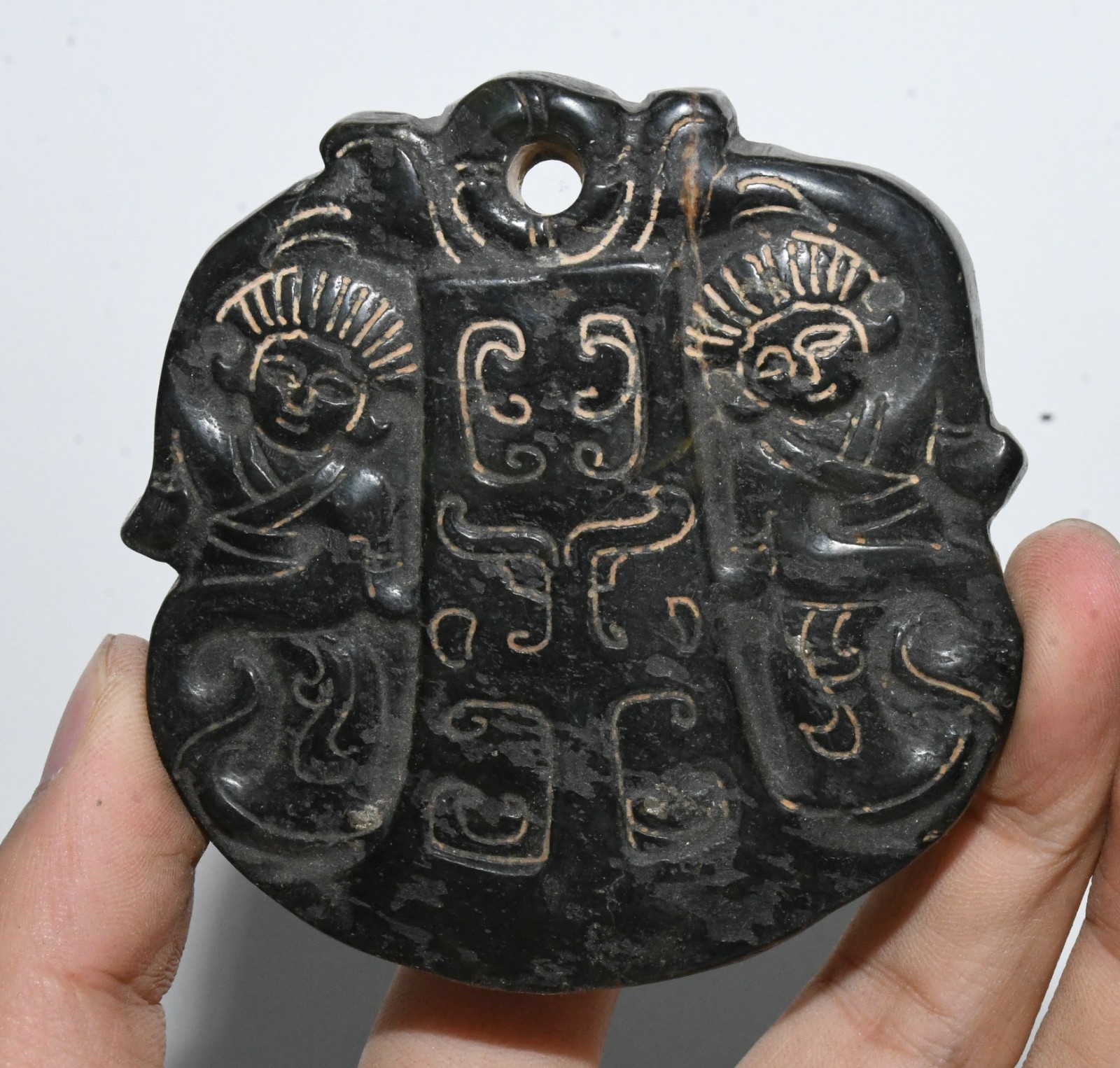 3.3"China Hongshan Culture Meteorite Carved People Beast Pattern Amulet Pendant