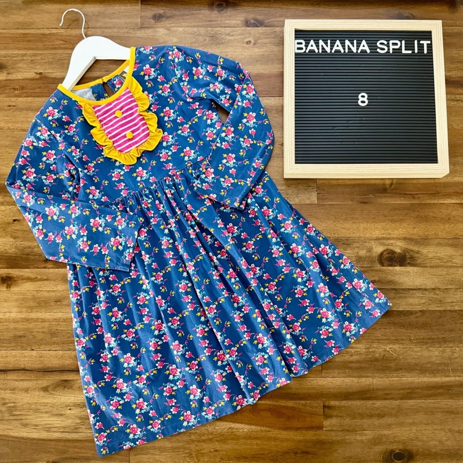Banana Split Blue Pink Floral Knit Dress 8 Long Sleeve Cotton Fall Classic Girl