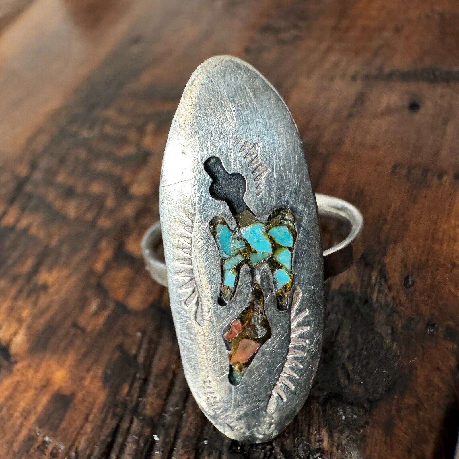 Old Vintage .925 Native American Navajo Turquoise Coral Inlay Damaged Size