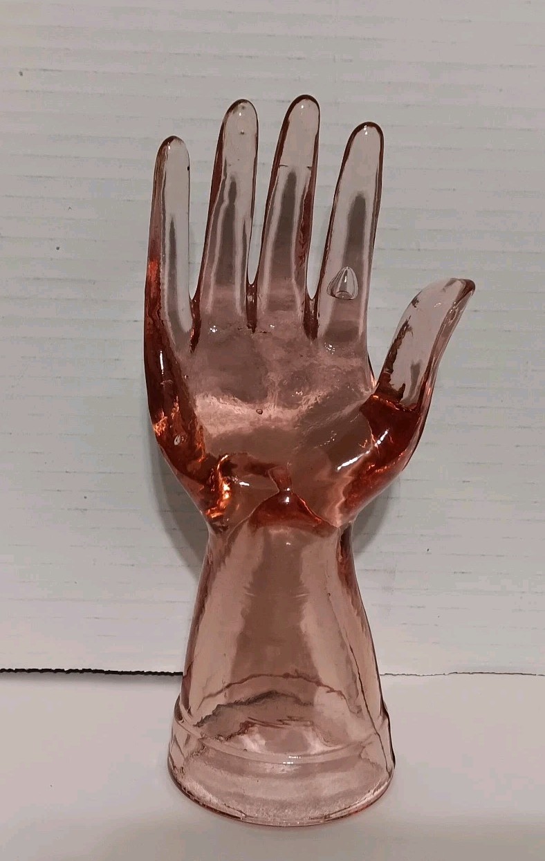 Vintage Art Glass Pink Hand Shaped Ring Watch Display Holder 8"