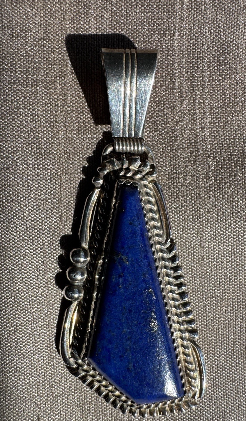 Beautiful Vintage Navajo Lapis Sterling Pendant Signed Loren Thomas Begay 2 ½”