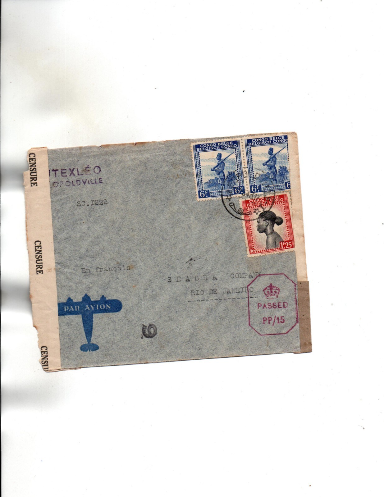 Belgium Congo 1943 Airmail   to Brazil -Censored in NIGERIA