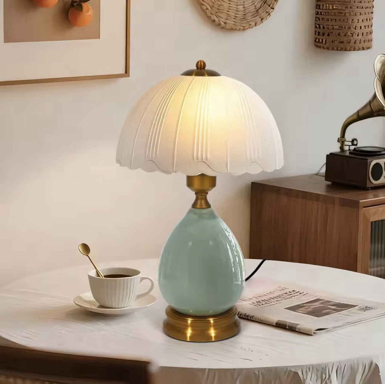 Vintage Ceramic Table Lamp 3-Color Dimmable LED Dome Shade Celadon Green 16”