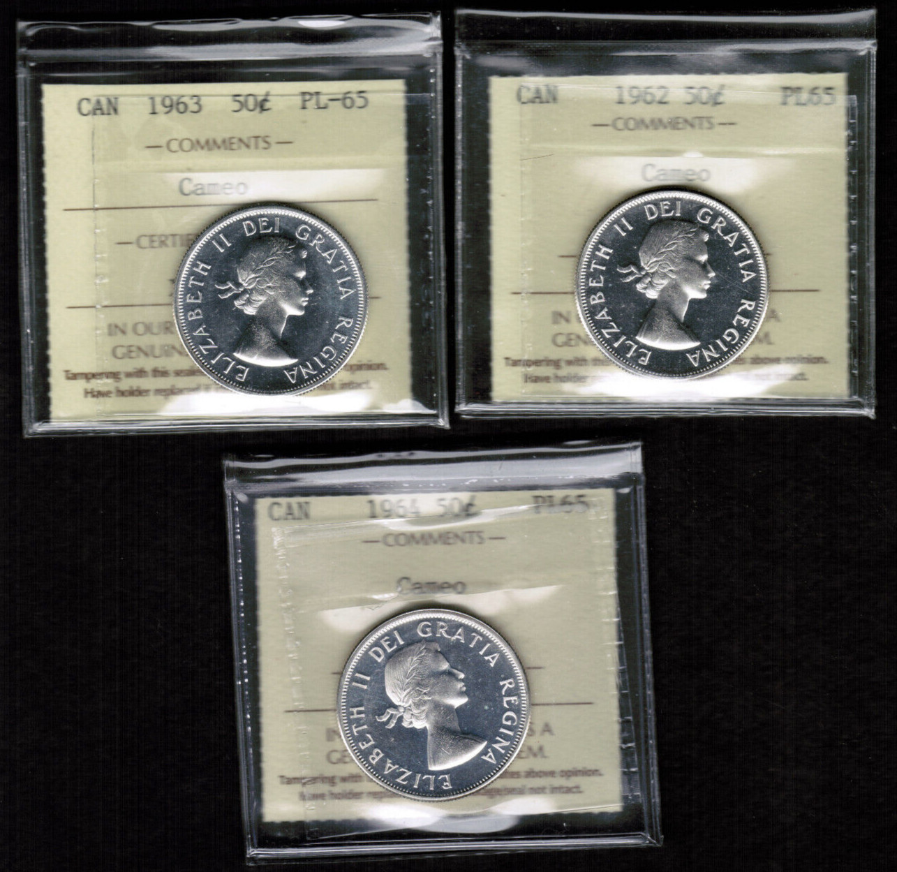 Canada Silver 50 CENTS  Lot of 3  1962-63-64 Graded ICCS PL-65  Cameo
