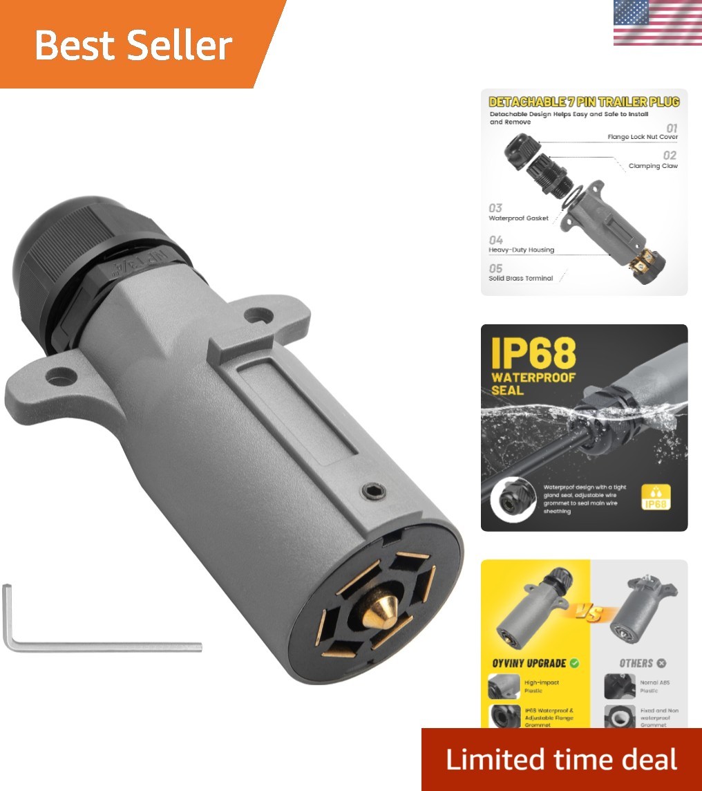 RV 7 Pin Trailer Plug with  Waterproof Seal, Detachable 7 Way Round RV-Style ...