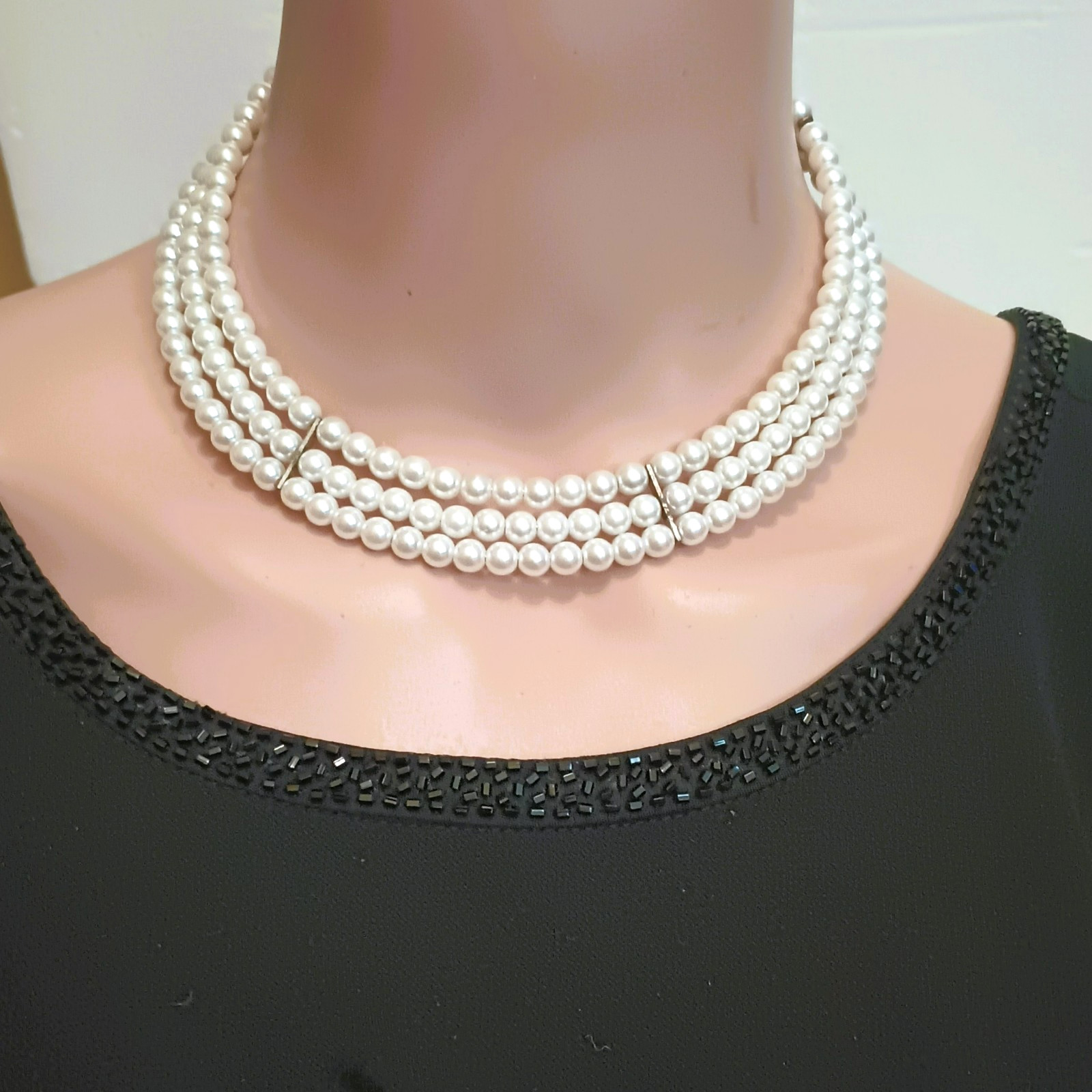 Vintage 3 Strand Pearl Choker Necklace 12" Silver Tone Spacers Women's Jewelry