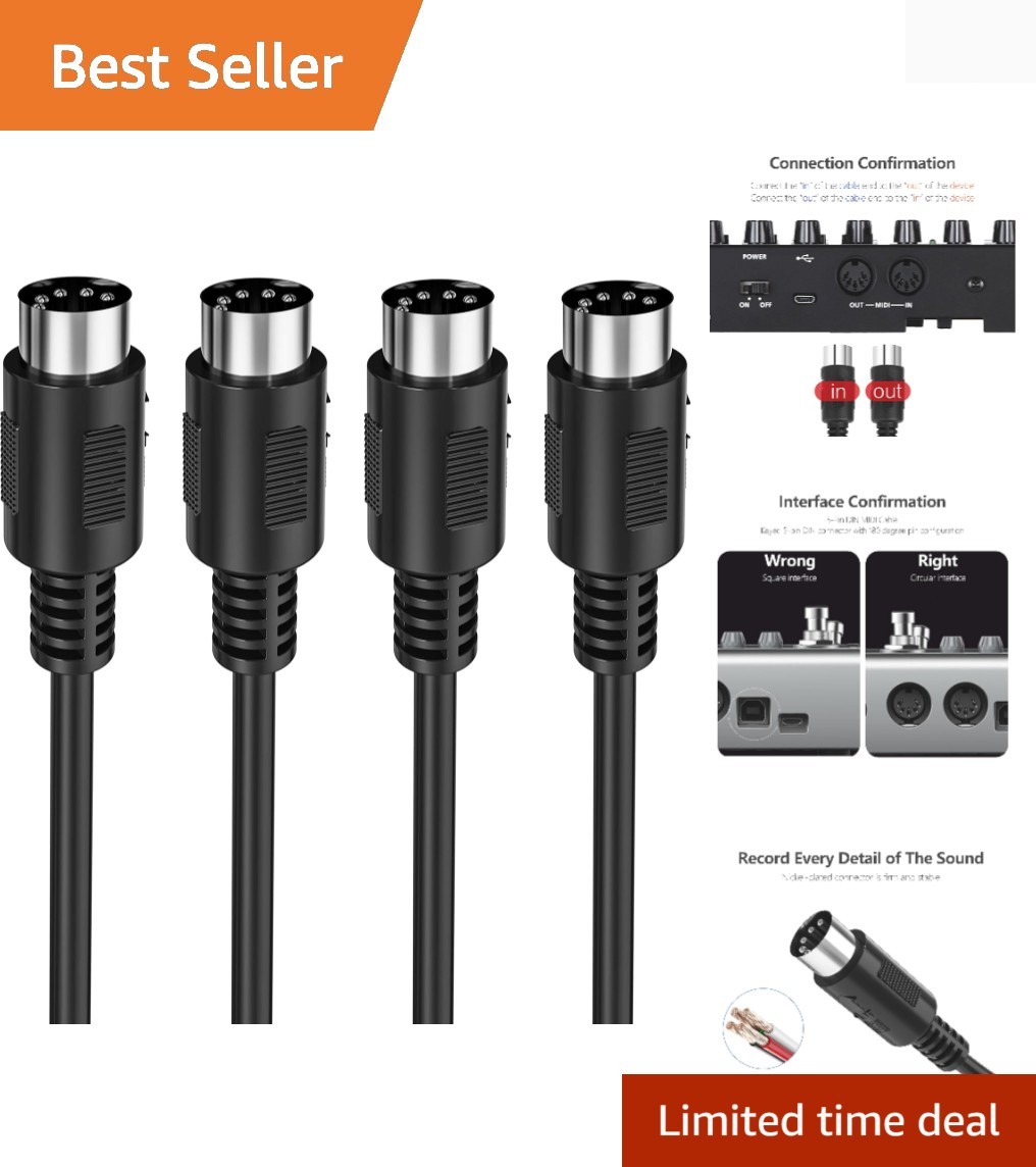 High-Quality 2-Pack 3-Foot Male to Male MIDI Cables for Clear Sound Transfer