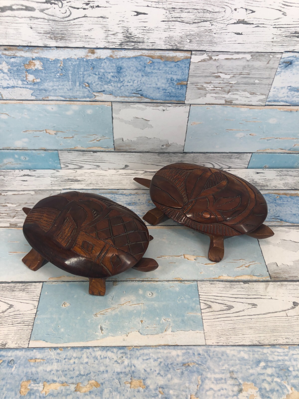 Hand Carved Wooden Turtle Trinket Box Vintage  Decor Wood Tortoise X2   9x45.5"