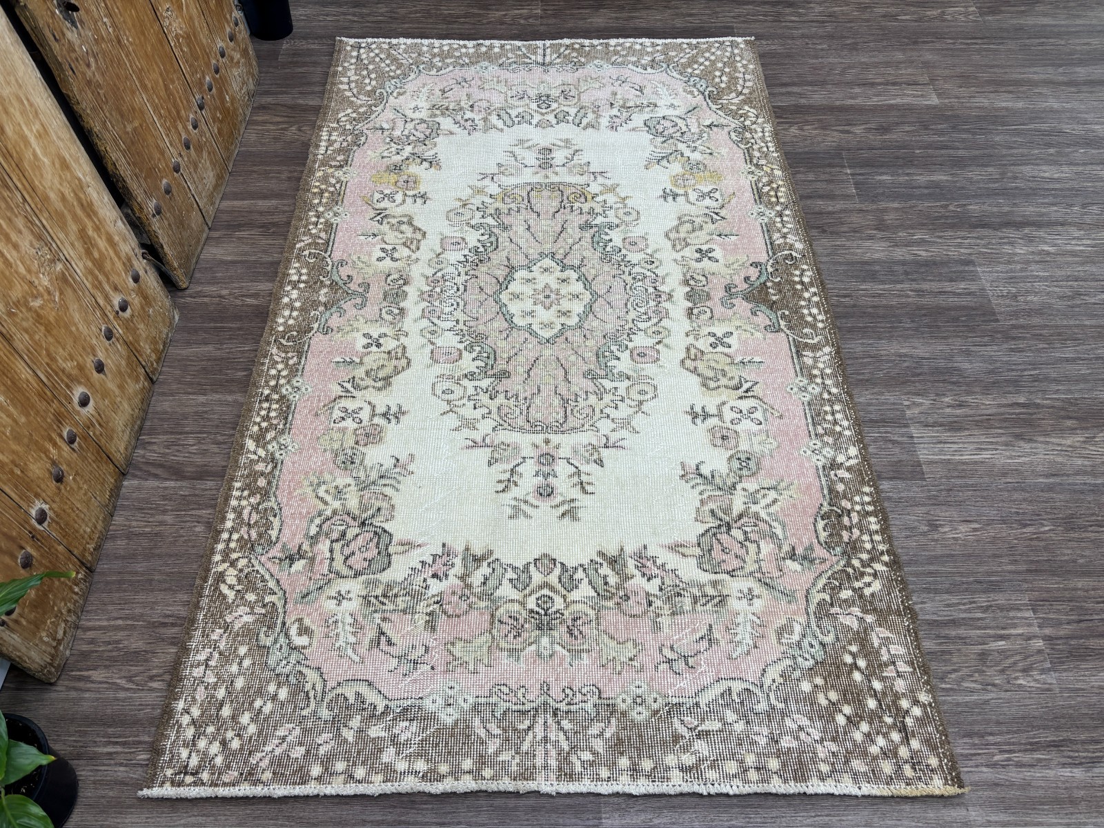 4x7 Cream Pink Brown Vintage Turkish Neutral Area Rug, Hand-Knotted Wool Rug