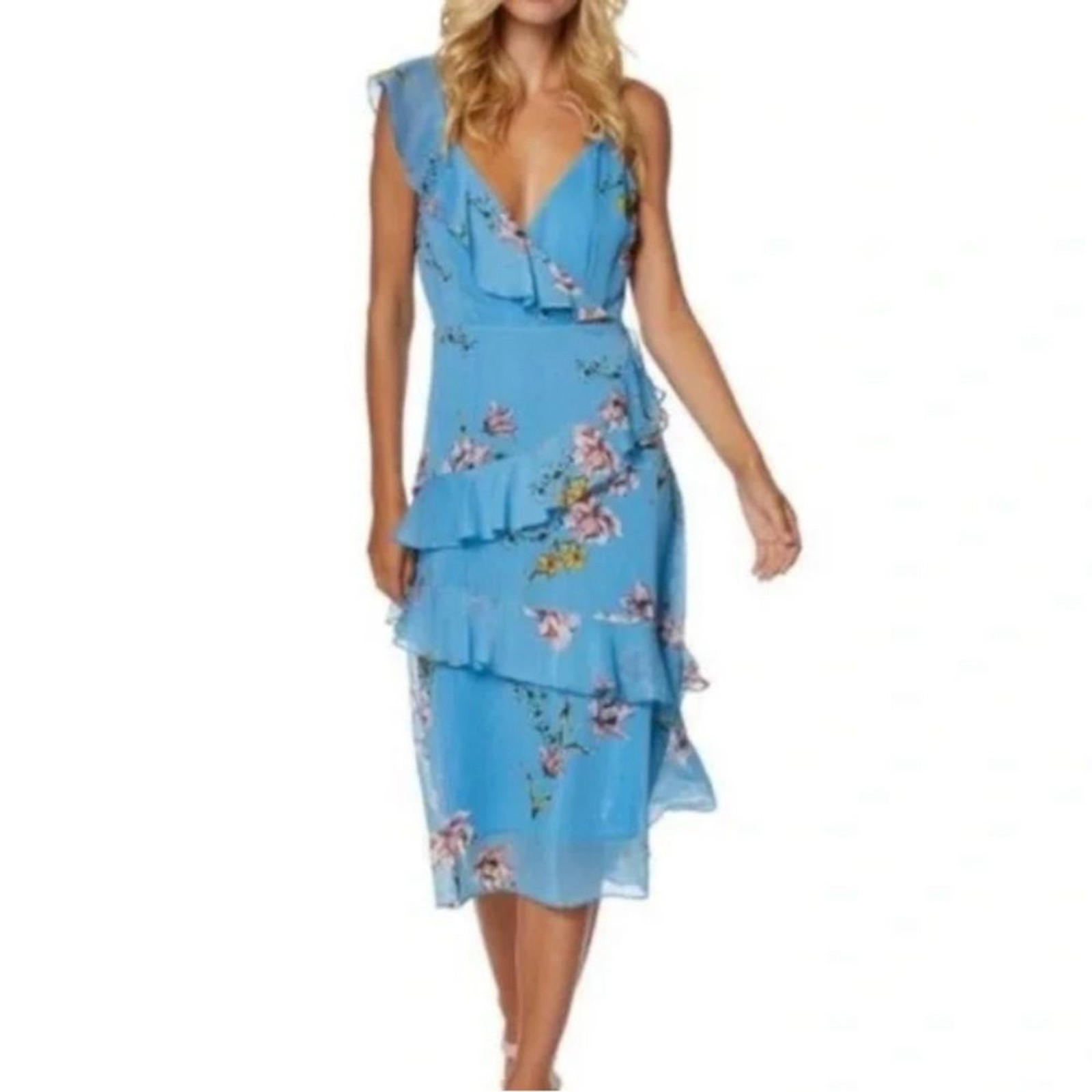 Avec Les Filles Floral Cascading Ruffle Midi Asymmetrical Dress Cerulean Blue 10