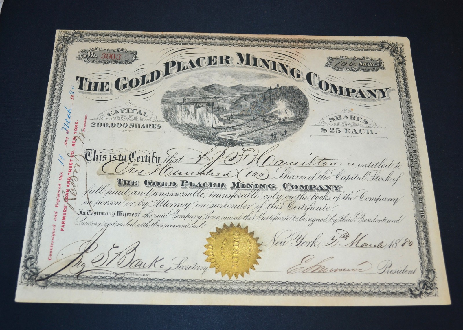 The Gold Placer Mining Company 1880 stock certificate