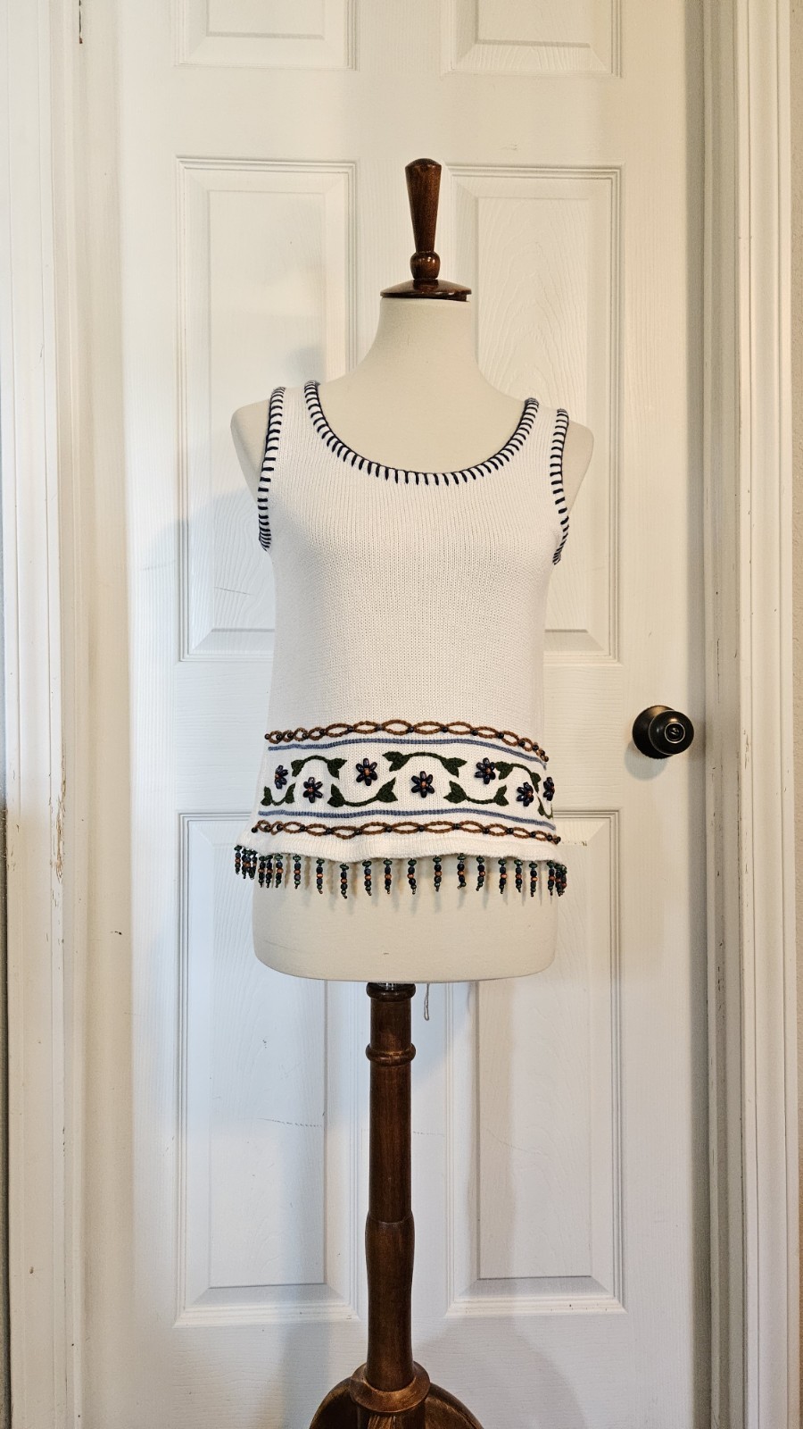 Vintage Liz Wear Cotton Knit Beaded White Blue Tank Top Size Small