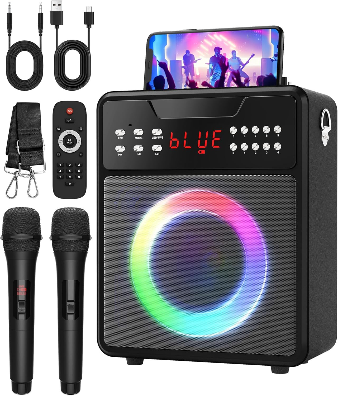 Portable Karaoke Machine 2 Wireless Microphones Bluetooth Speaker PA System LED