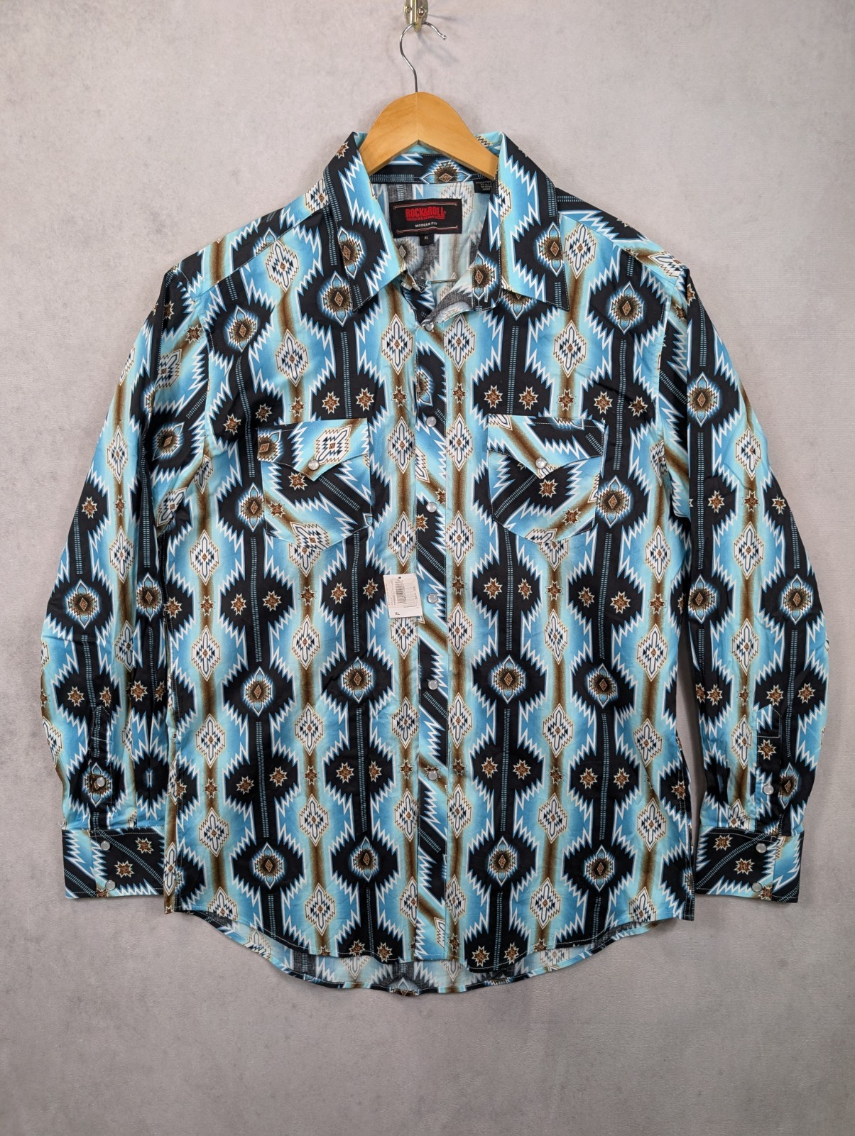 Rock & Roll Denim Modern Fit Western Snap Shirt Aztec Aqua Men's Size XL NWT