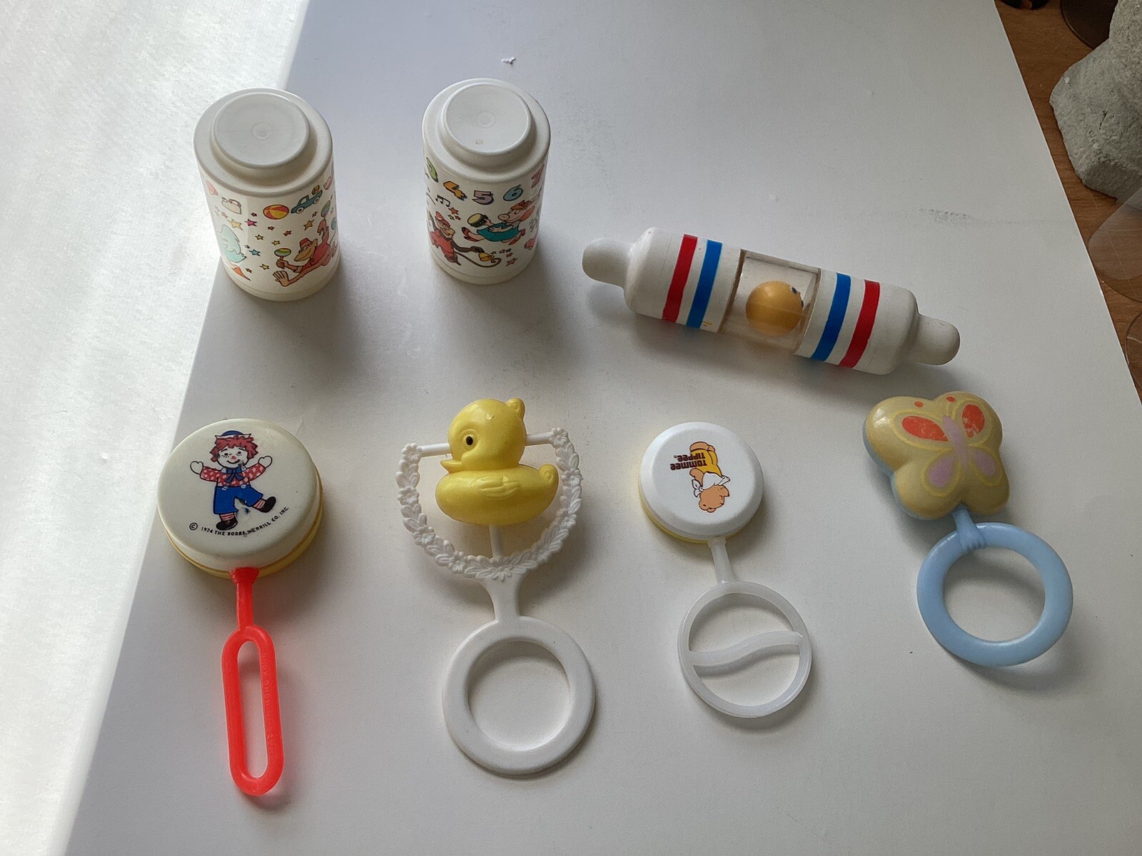 7 Infant Baby Toys / Rattles Vtg  Raggedy Andy, Tommy