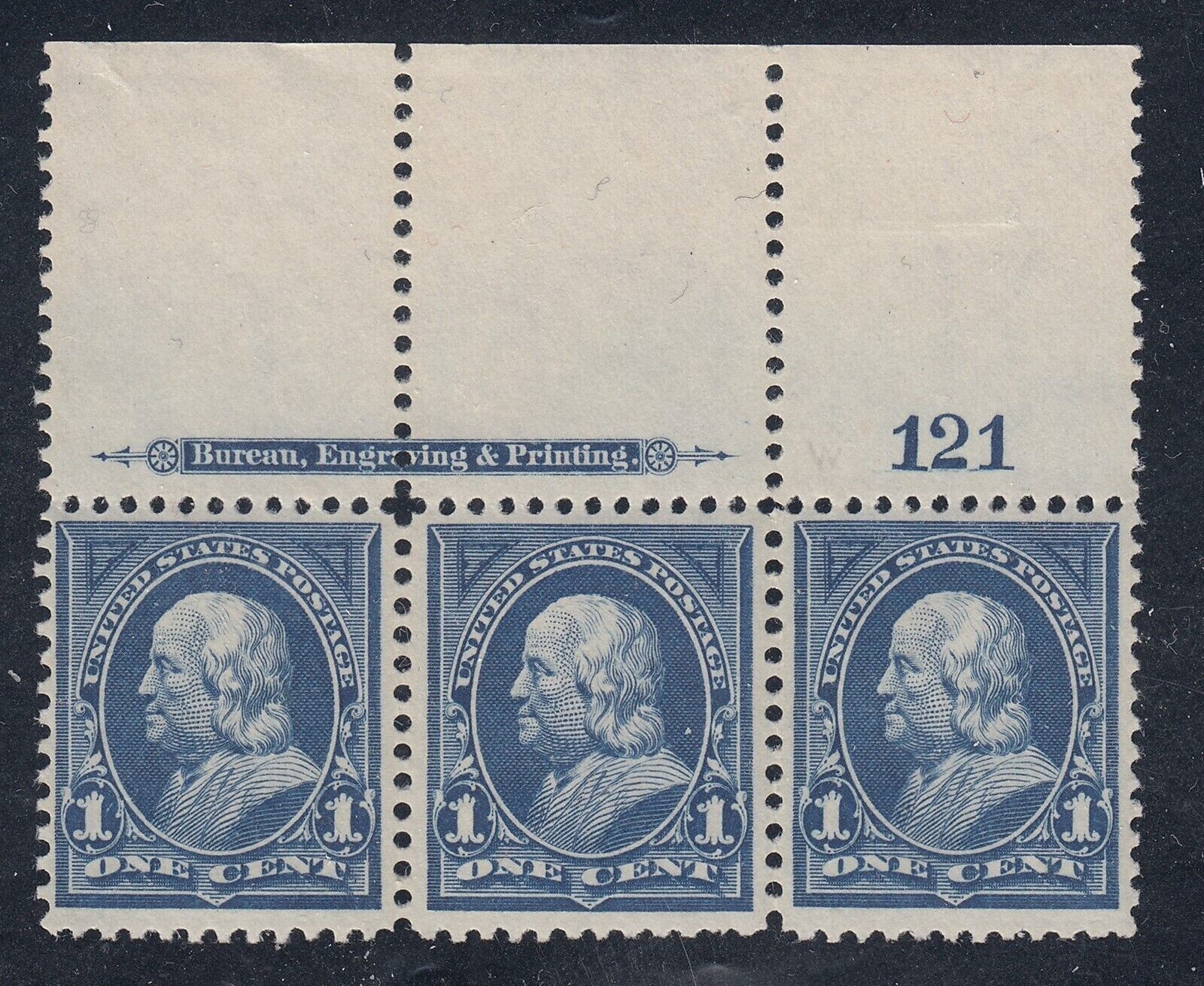 264 (1c Franklin) - HUGE TOP STRIP of 3 with PLATE #121 & IMPRINT - BEAUTY !!
