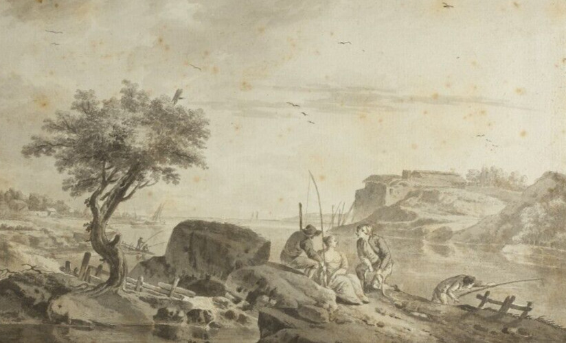 People Landscape, Fisherman, Sea - Drawing Antique Ink Original  19th century