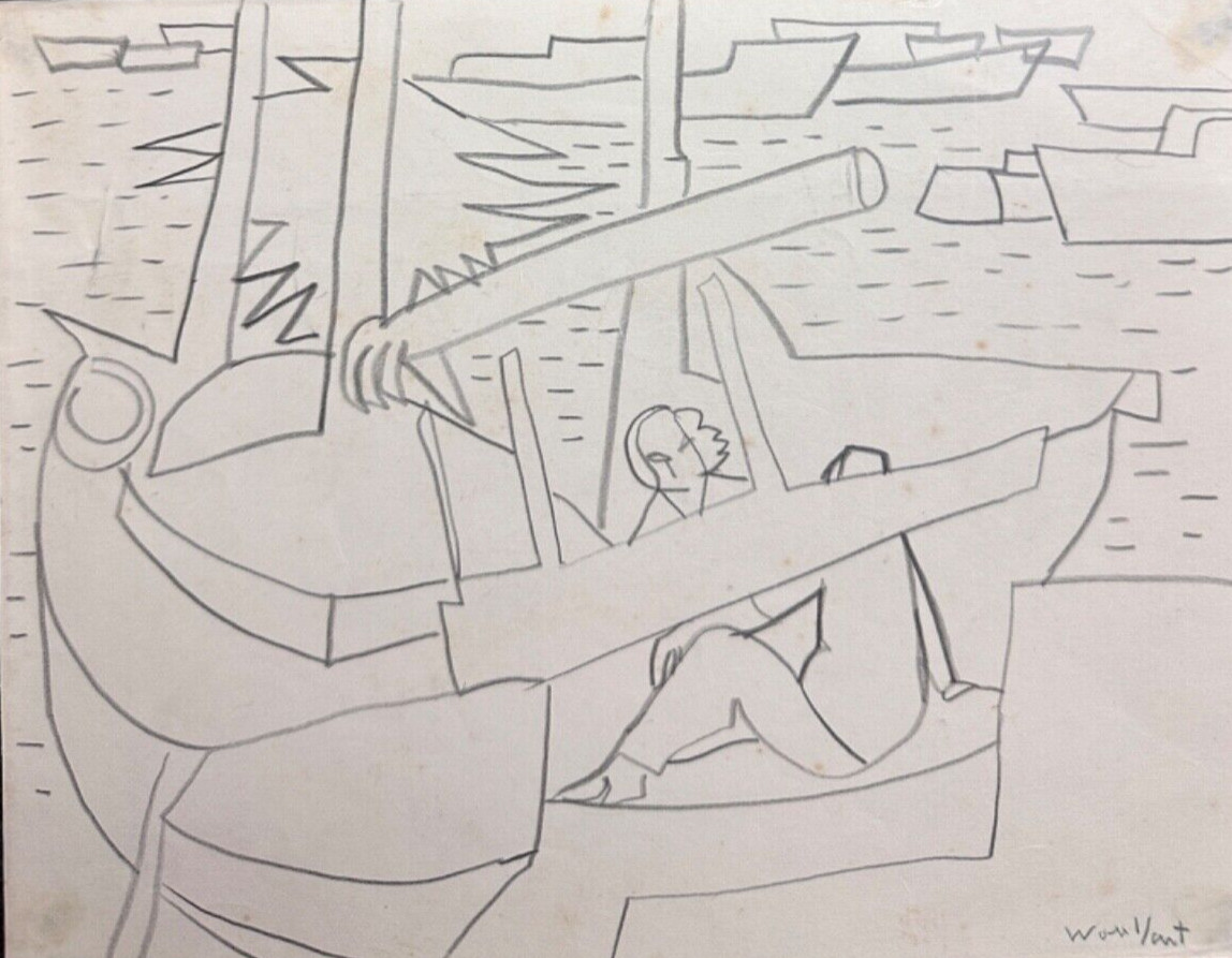 Très beau dessin moderne portrait scène de Port cubiste Marius Woulfart