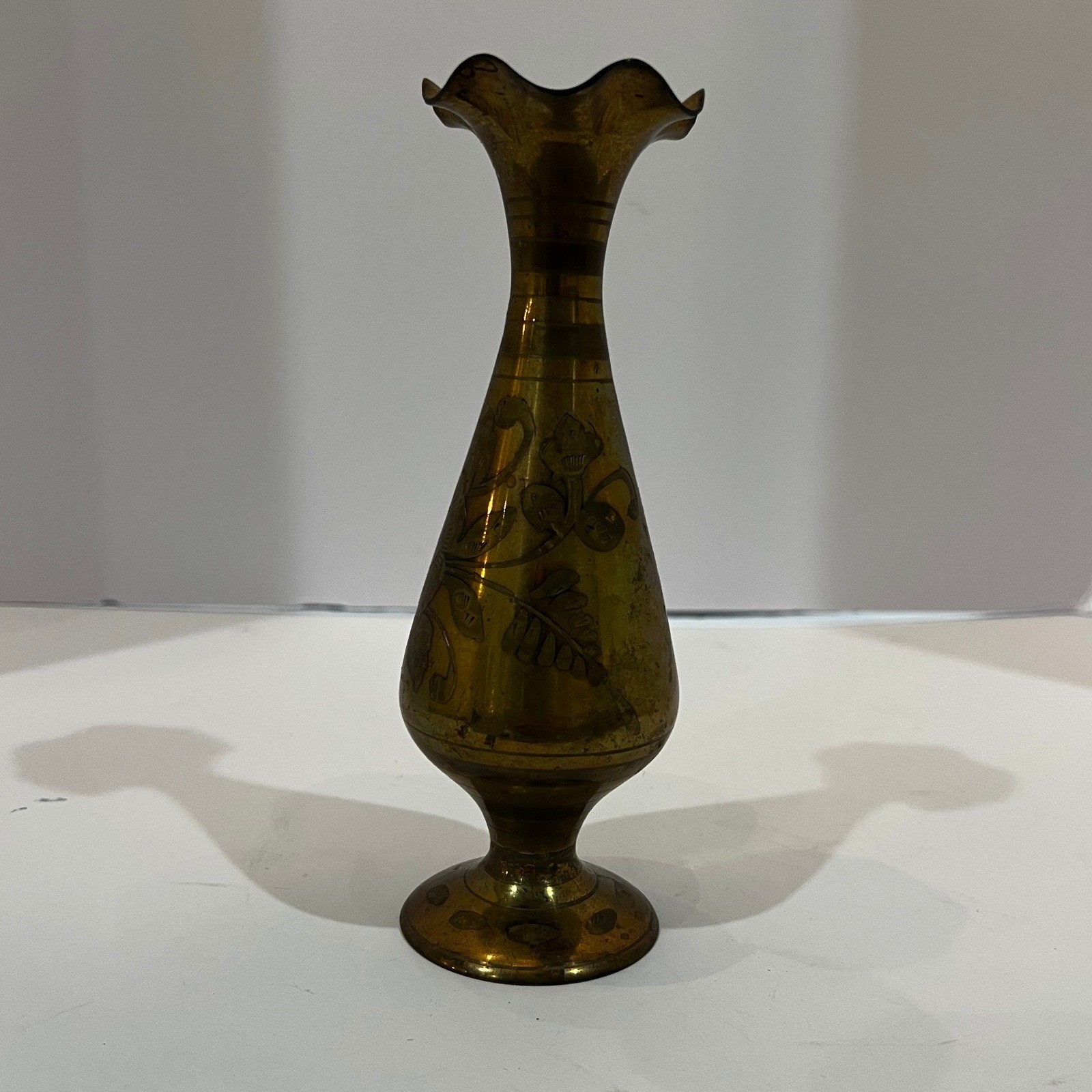 2 Vintage Etched Brass Vase Bud Vase Fluted Edge Floral Design Bohemian Decor