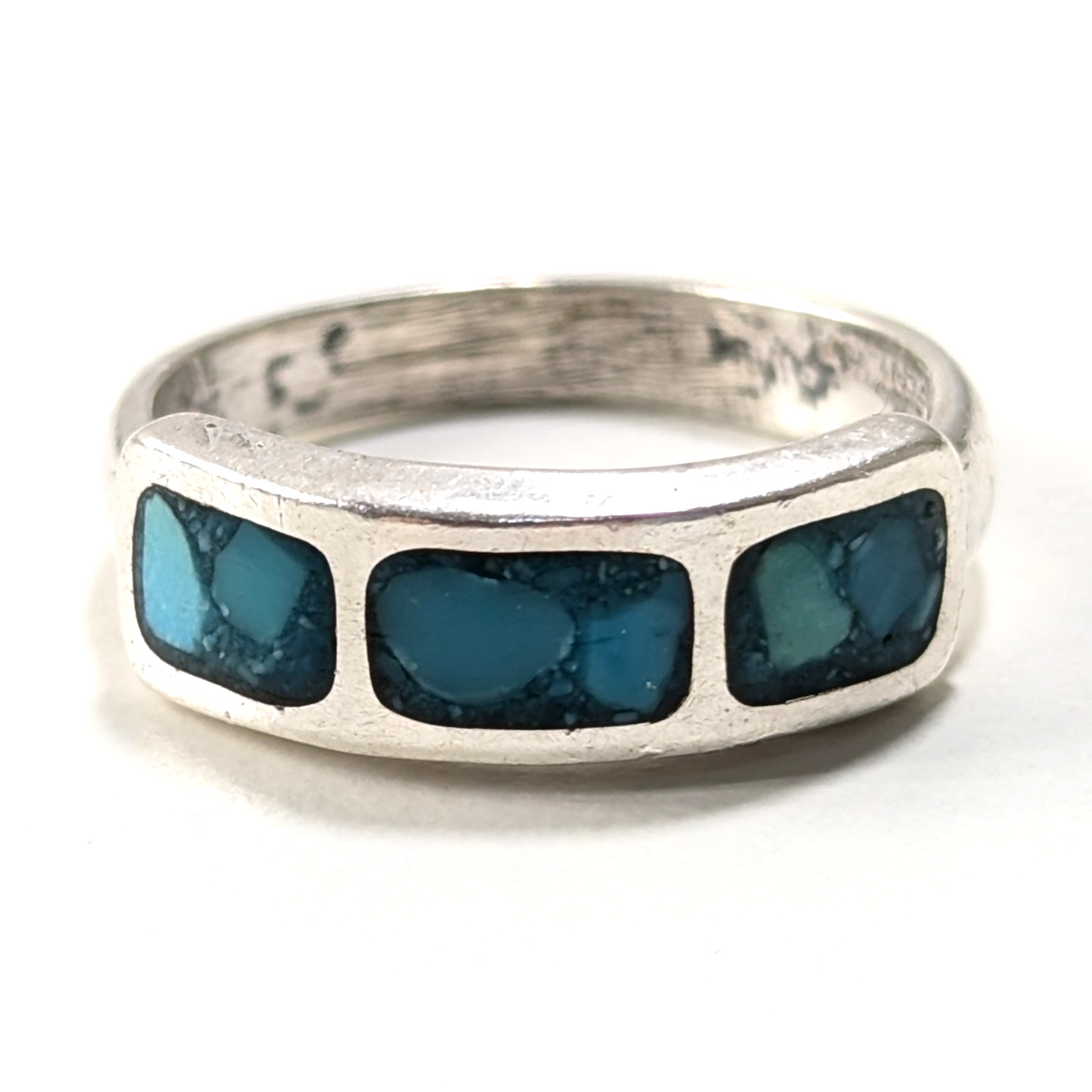 Sterling Silver Navajo Blue Turquoise Chip Inlay Ring Band Triple Gems 3.2g Sz 6