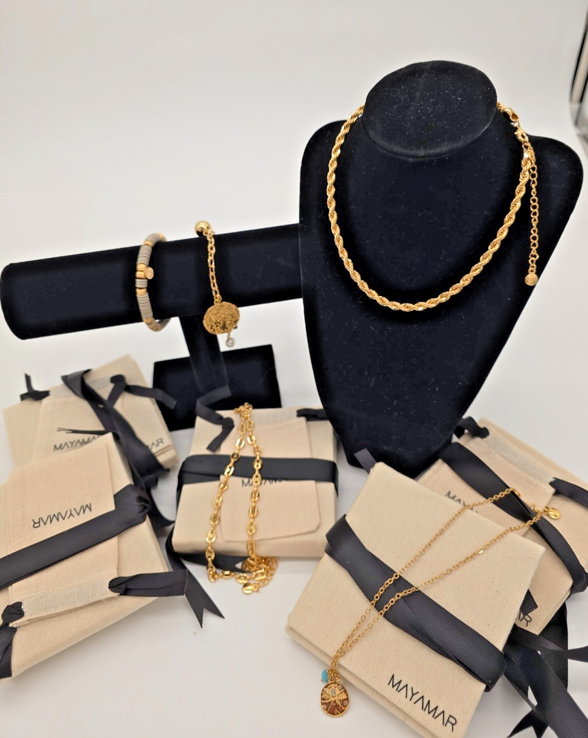 Mayamar 5pc Gold Jewelry Bundle 3 Necklaces 2 Bracelets