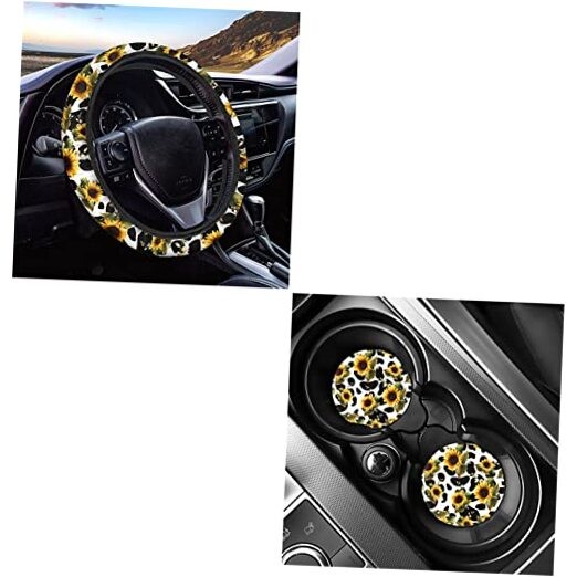  Leather Car Medium Steering Wheel Cover 2 Auto Vehicle Sunflower and Cow Print