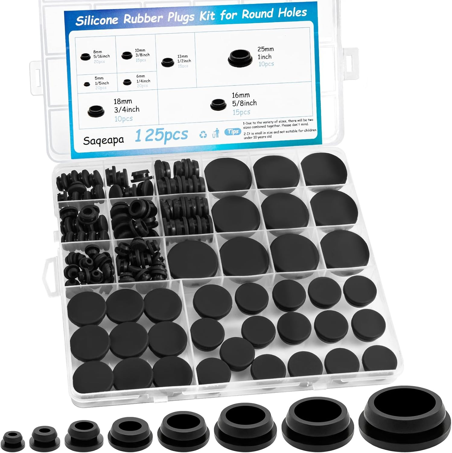 125PCS Rubber Plugs for round Holes, Premium Black Rubber Hole Plugs, Various Si