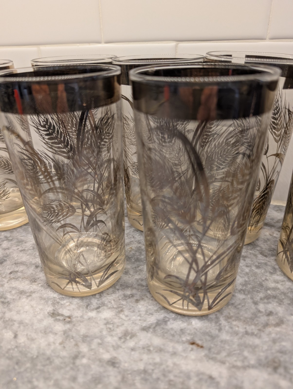 Vintage MCM Silver w Band, Wheat, Glassware Set Of 6