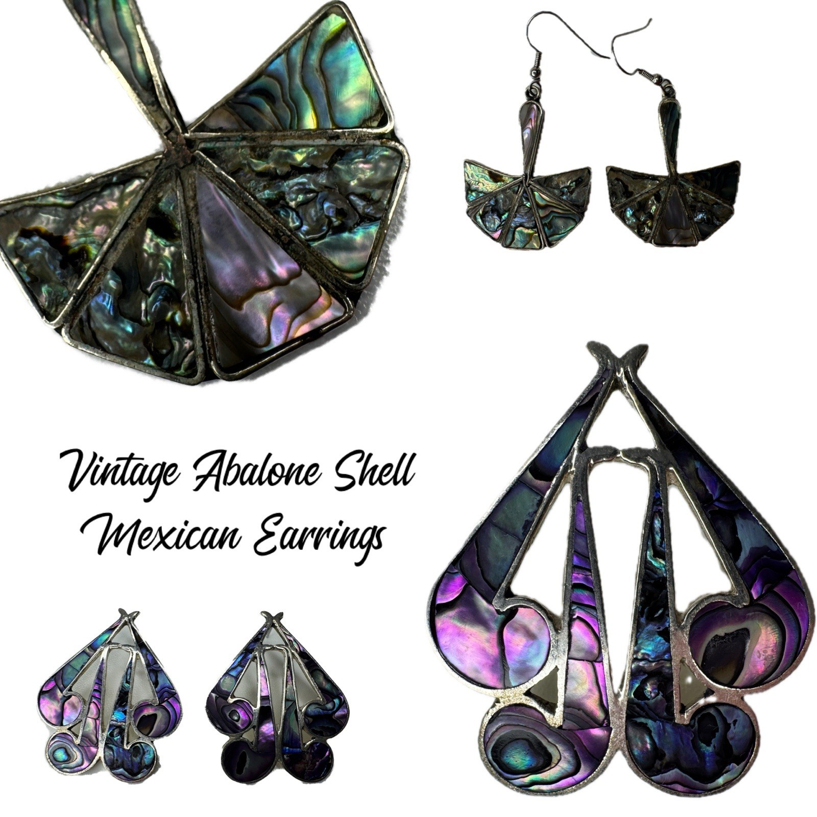 Abalone Shell Alpaca Earrings Dangle & Stud Silver Tone Mexico Jewelry Vintage