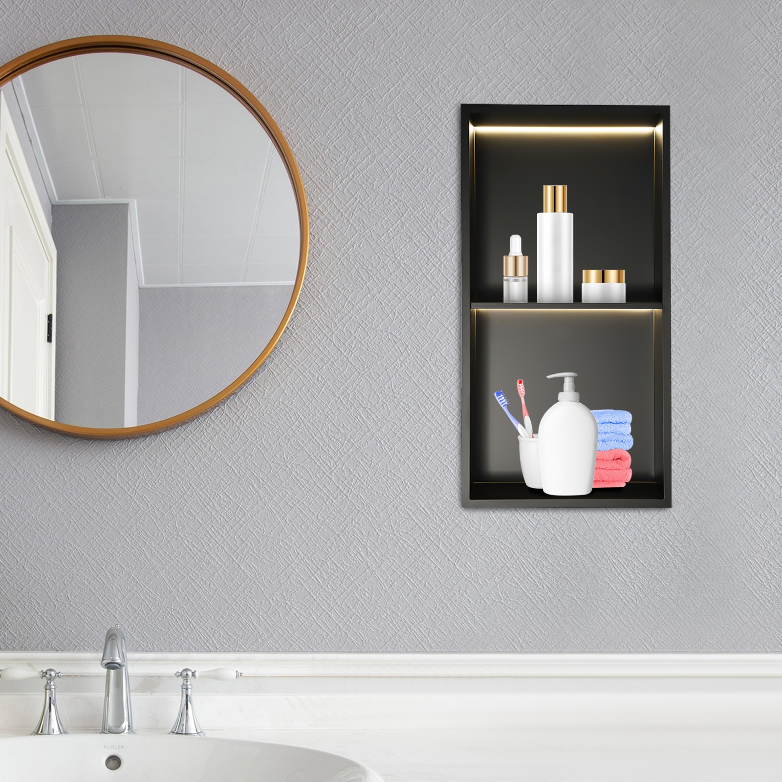 2-Tier Stainless Steel Bathroom Wall Niche with LED Light and Modern Design